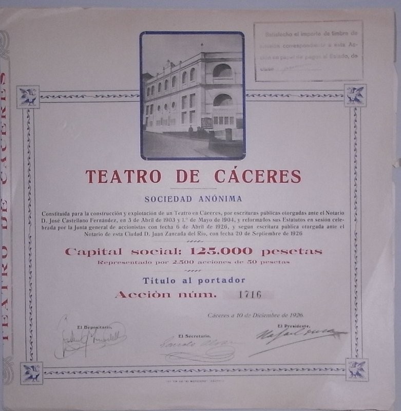 Acción al portador. Teatro de Cáceres Sociedad Anónima, constituida para la construcción y explotación de un Teatro en Cáceres a 3 de Abril de 1903 y reformados sus estatutos según escritura pública otorgada 20 de Septiembre de 1926