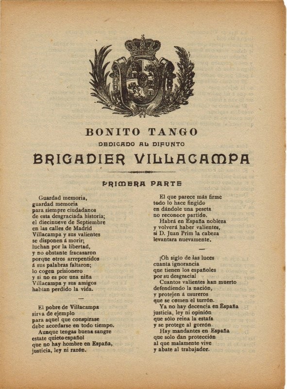 Bonito tango dedicado al difunto Brigadier Villacampa. Primera y segunda parte