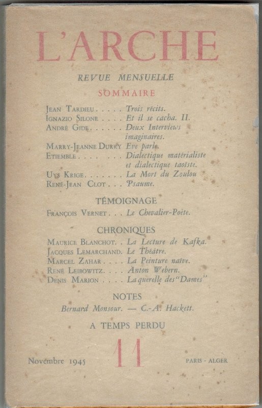 L'Arche. Revue mensuelle nº 11. Publiée sous le patronage de André Gide par les soins de Jean Amrouche et Jacques Lassaigne. Novembre 1945. 2e Année, Nº 11 - Volume 3
