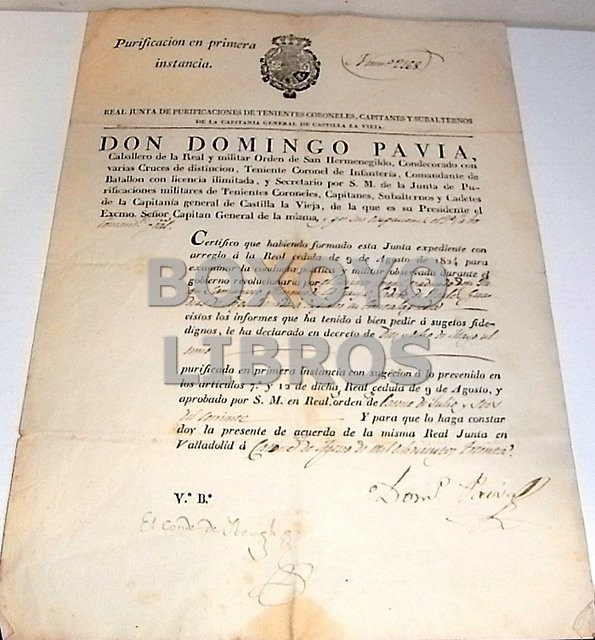 Certificado de purificación en primera instancia, extendido por don Domingo Pavía, secretario de la Junta de Purificaciones Militares a favor del Teniente coronel Don Juan Samaniego, Marqués de la Granja, a disposición en Cantalapiedra