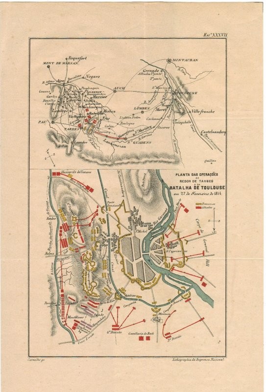 Planta das operaçôes ao redor de Tarbes e da batalha de Toulouse em 27 de Fevereiro de 1814. Grabado de Carvalho