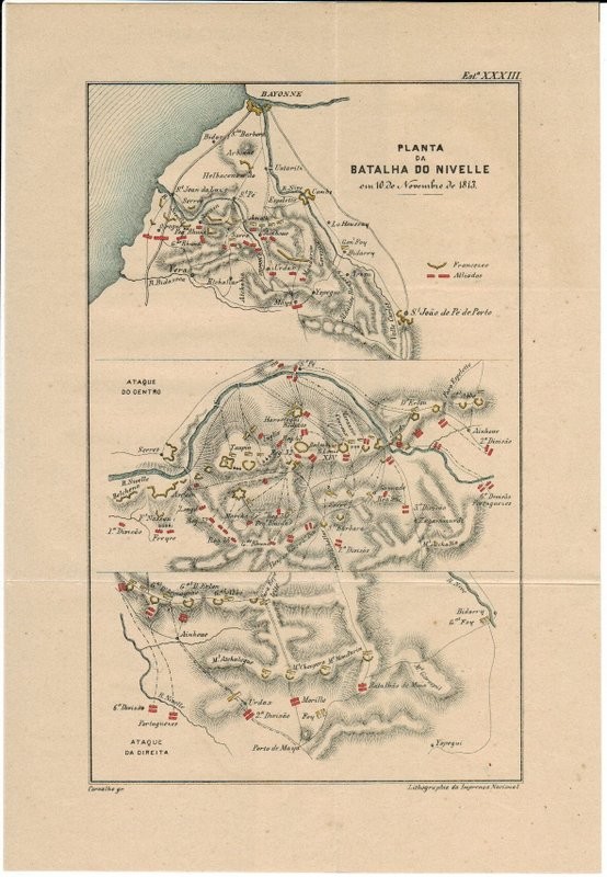 Planta da batalha do Nivelle em 10 de Novembre de 1813. Ataque do centro. Ataque da direita. Grabado de Carvalho