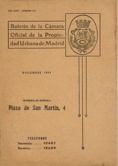 Boletín de la Cámara Oficial de la Propiedad Urbana de Madrid. Año XXIV - Número 216. Diciembre 1934