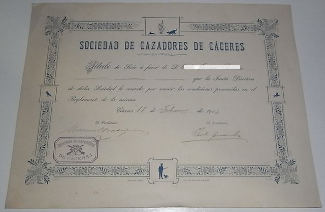 Título de la Sociedad de Cazadores de Cáceres 1903