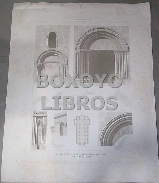 Planta y detalles de Santa María de Valdediós. Concejo de Villaviciosa (Oviedo). Lo grabó E. Buxó. Dibujo de G. de la Gándara