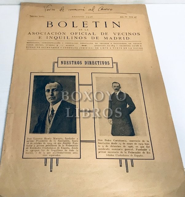Boletín de la Asociación Oficial de Vecinos e Inquilinos de Madrid. Tercera época. Año IV. Núm . 40. Agosto 1926