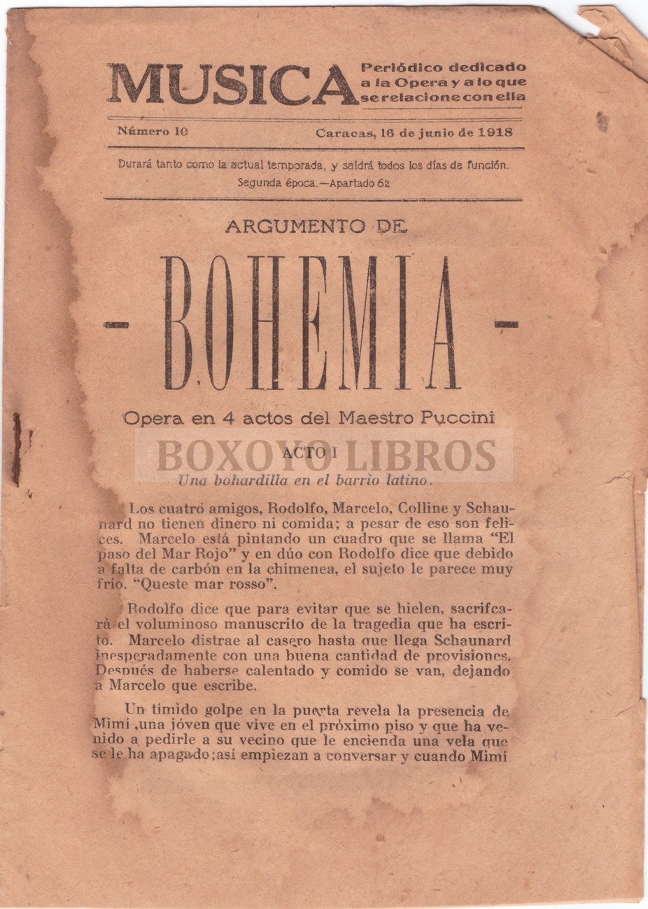 Argumento de Bohemia, de Puccini. Música. Periódico dedicado a la ópera y a lo que se relacione con ella. Núm. 10