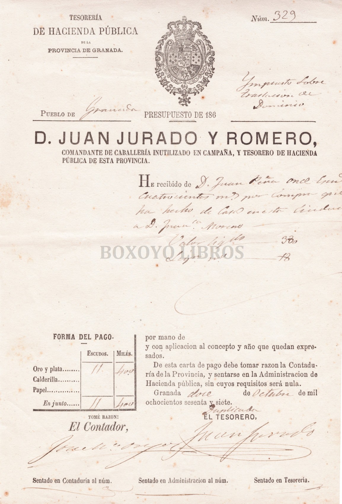 Granada. Recibo de un Impuesto sobre traslación de Dominio