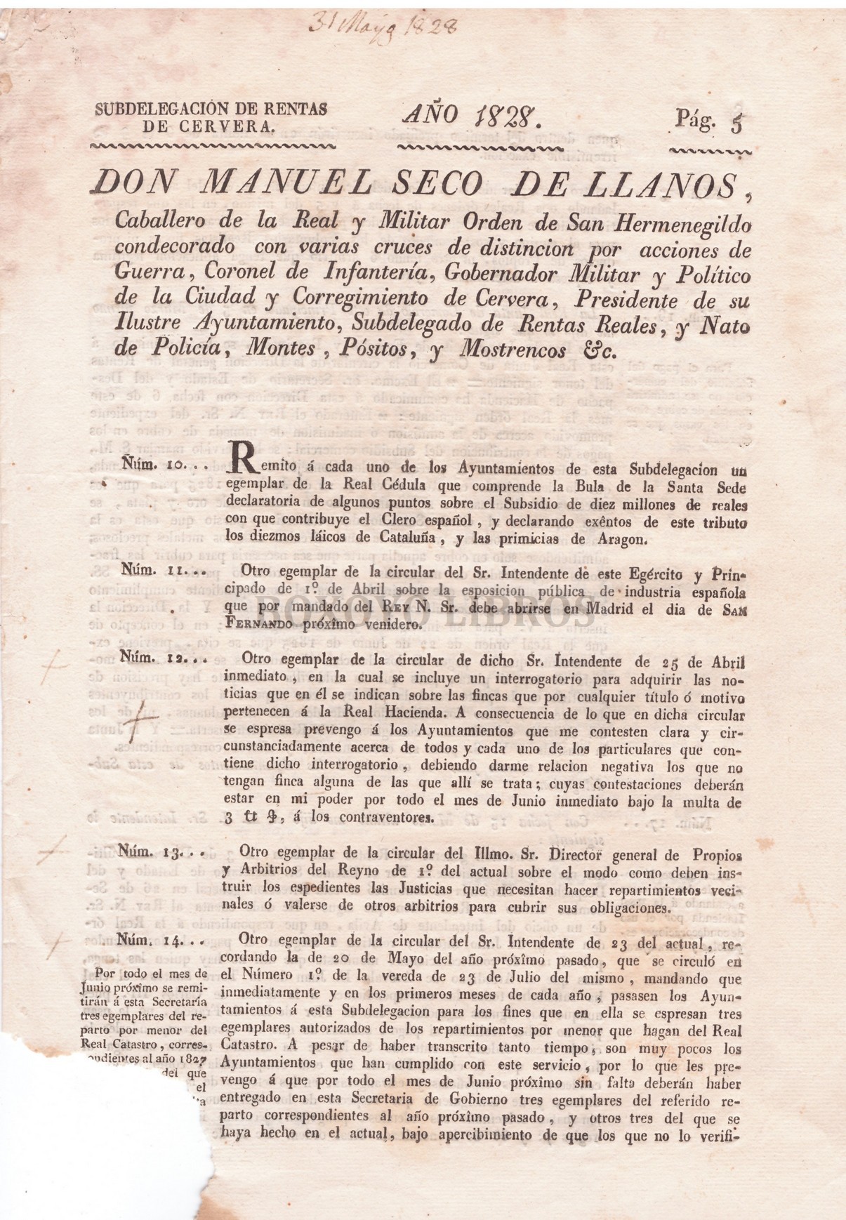 Cervera. Subdelegación de rentas. Asuntos varios