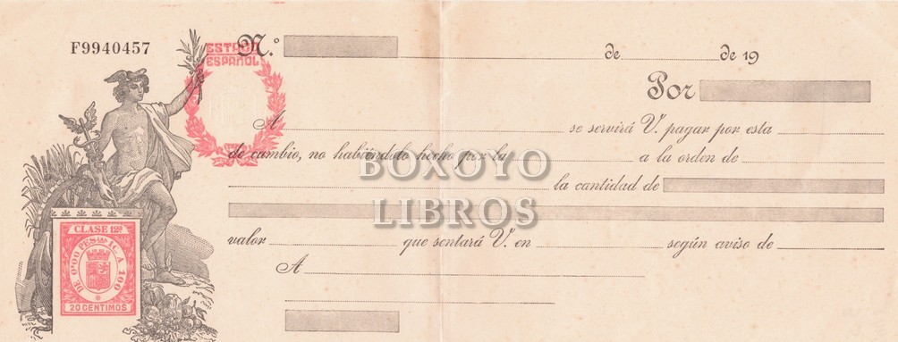 Letra de cambio clase 12, 20 cms. con sello 'Estado Español'. En blanco