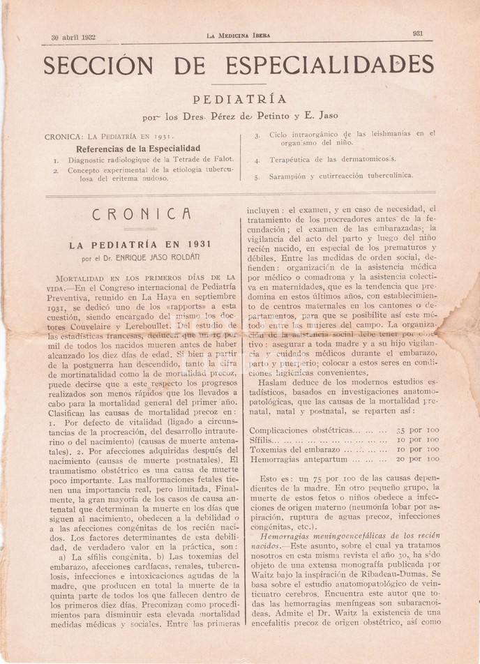Artículos sobre pediatría en la Revista 'La Medicina Ibera'