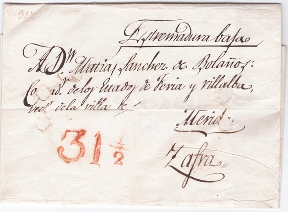 Prefilatelia. Frontal de carta. Marca 31 1/2, color rojo,mediados s. XIX