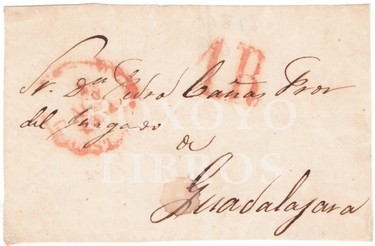 Prefilatelia. Frontal de carta. Marca 1 R, color rojo. Matasellos. Mediados siglo XIX