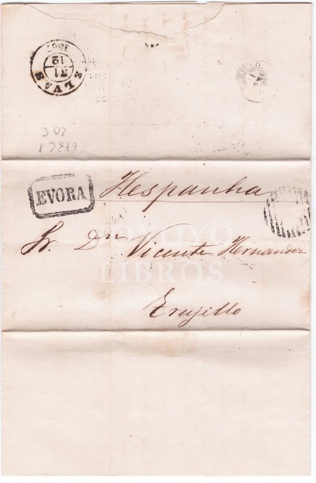 Prefilatelia. Frontal y carta. Marca en negro 'EVORA'. Matasellos 'Elvas, 31-12-1867'