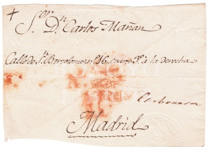 Prefilatelia. Frontal de carta. Marca A. 1 R, color rojo. Matasellos