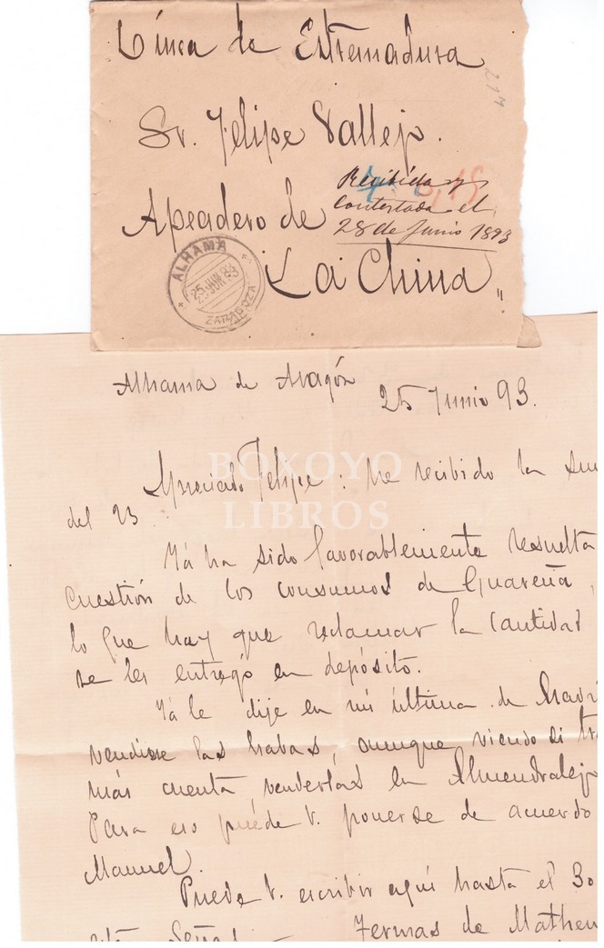 Flatelia. Sobre y carta. Matasellos. Alhama, Junio 1893