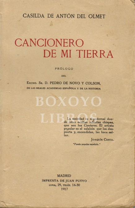 Cancionero de mi tierra. Prólogo de Pedro de Novo y Colson.