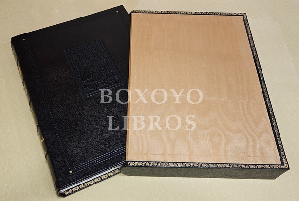 Liber Sancti Iacobi. Codex Calixtinus Libro quinto. Comienza el Libro V de Santiago el Zebedeo, patrón de Galicia, acerca de la Guía del peregrino. Ilustrado por Celedonio Perellón
