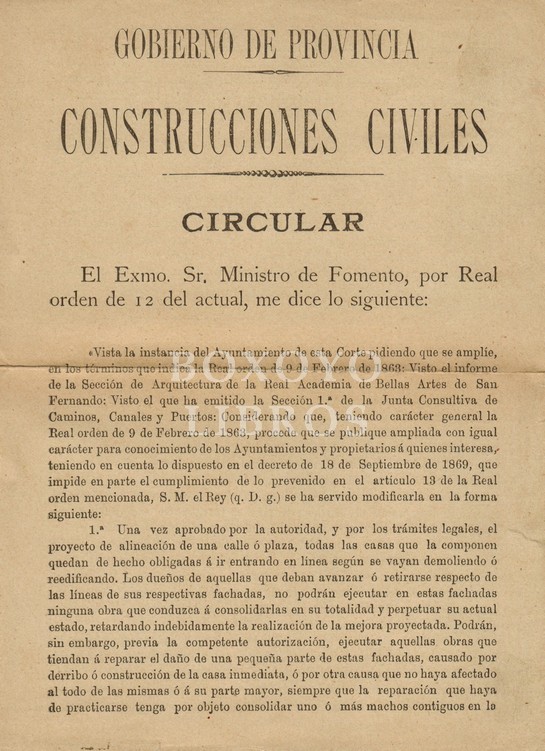 Circular del Gobernador Civil de Sevilla, D.../, de 27 de Marzo de 1878, comunicando normas de ordenación y disciplina urbanística, por modificación de la Real Orden de 9 de Febrero de 1863