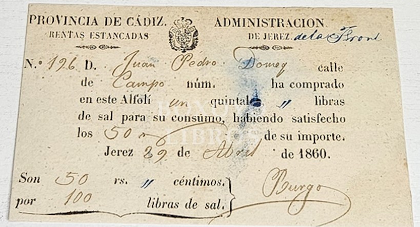 Jerez de la Frontera. Recibo de un Alfolí