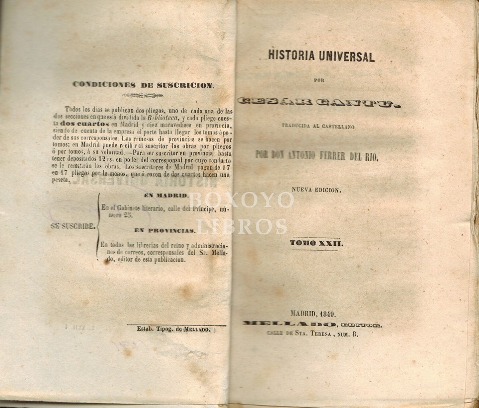 Historia Universal. Tomo XXII. Traducida al castellano por don Antonio Ferrer del Río. Nueva edición
