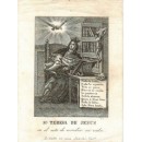 Estampa de Sª Teresa de Jesus en el acto de escribir su vida. Se halla en casa de Sancho Valª.